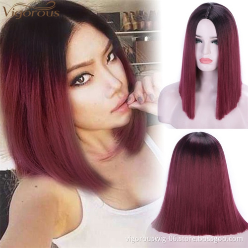 Vigorous 14 inches Short Straight Bob Wig 2 Tone Ombre Red Middle Part Heat Resistant Synthetic Cosplay Daily Use For Women